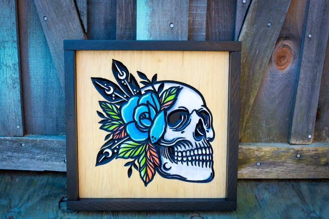 Skull with The Blue Rose – Night Carver Designs