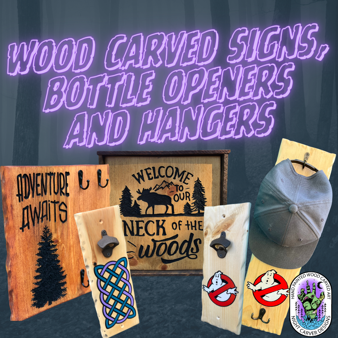 Wood carved signs, bottle openers and hangers – Night Carver Designs
